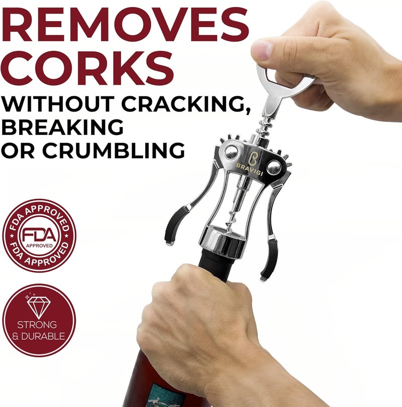BRAVIGI Premium Wine Opener, Wing Corkscrew - Made w/Heavy Duty Stainless Steel Screw & Zinc Alloy Body - Perfect Corkscrew to Open Wine & Beer Bottles - Great Bootle Opener For Bartenders, Restaurants & Home - Image 2